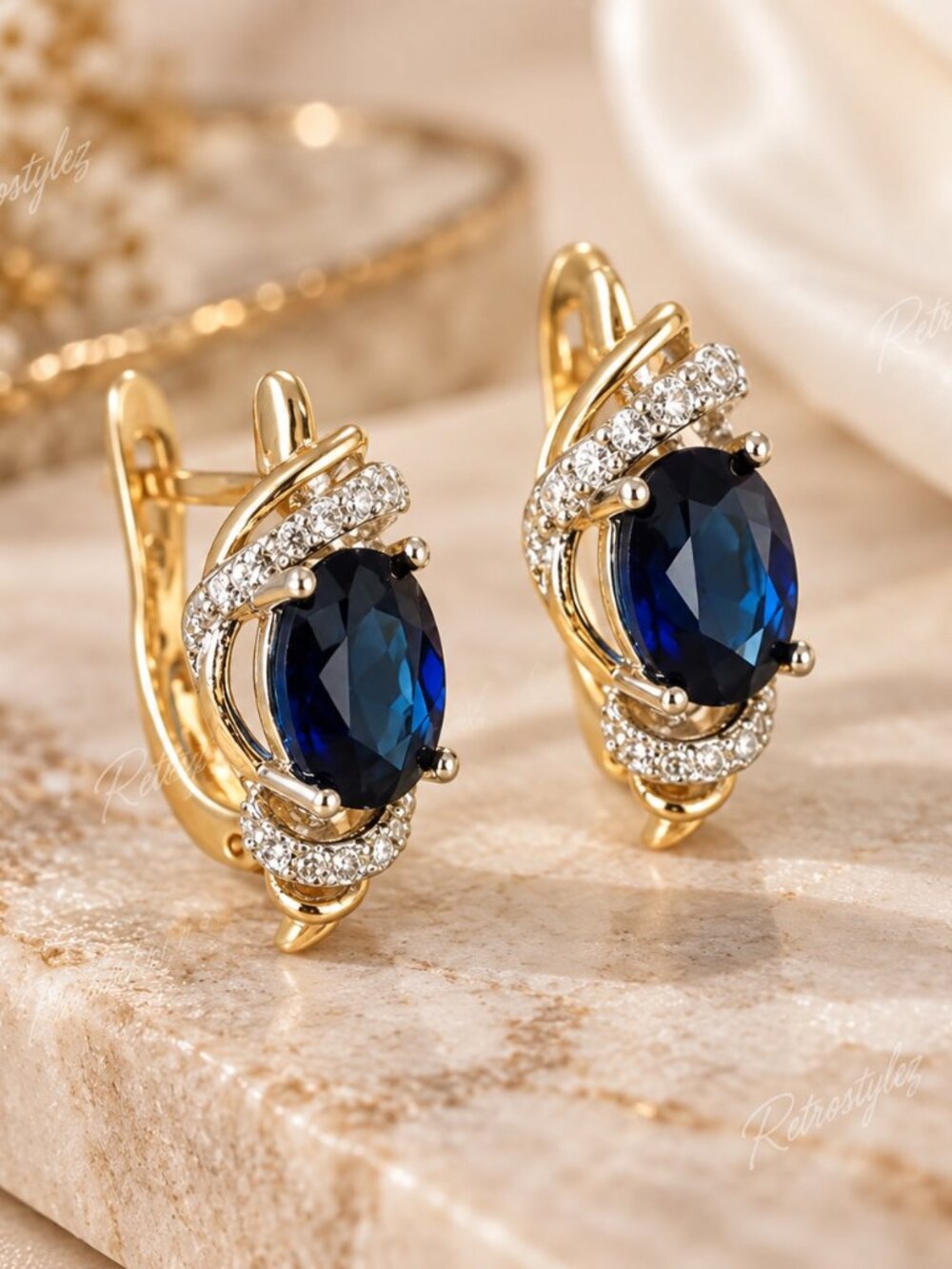 14K Gold Womens 2ct Blue Sapphire Gemstone 1ct Diamond Hanging Drop Earrings NEW